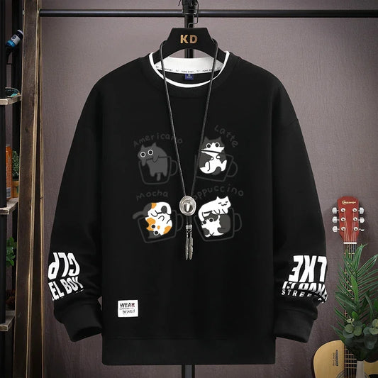 Camiseta Masculina Harajuku com Estampa de Gatos Japoneses | Camisa Manga Longa Casual Estilo Streetwear