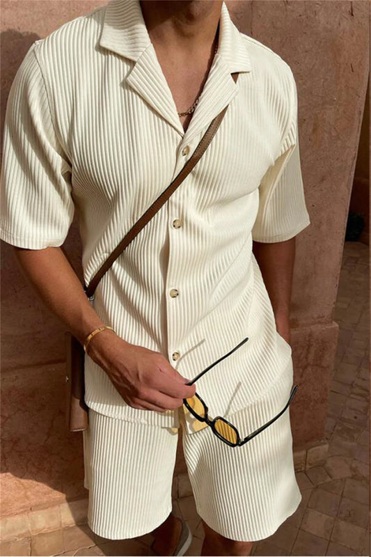 Conjunto Masculino Casual de Veludo Cotelê | Camisa Manga Curta e Shorts Estilo Praia Verão
