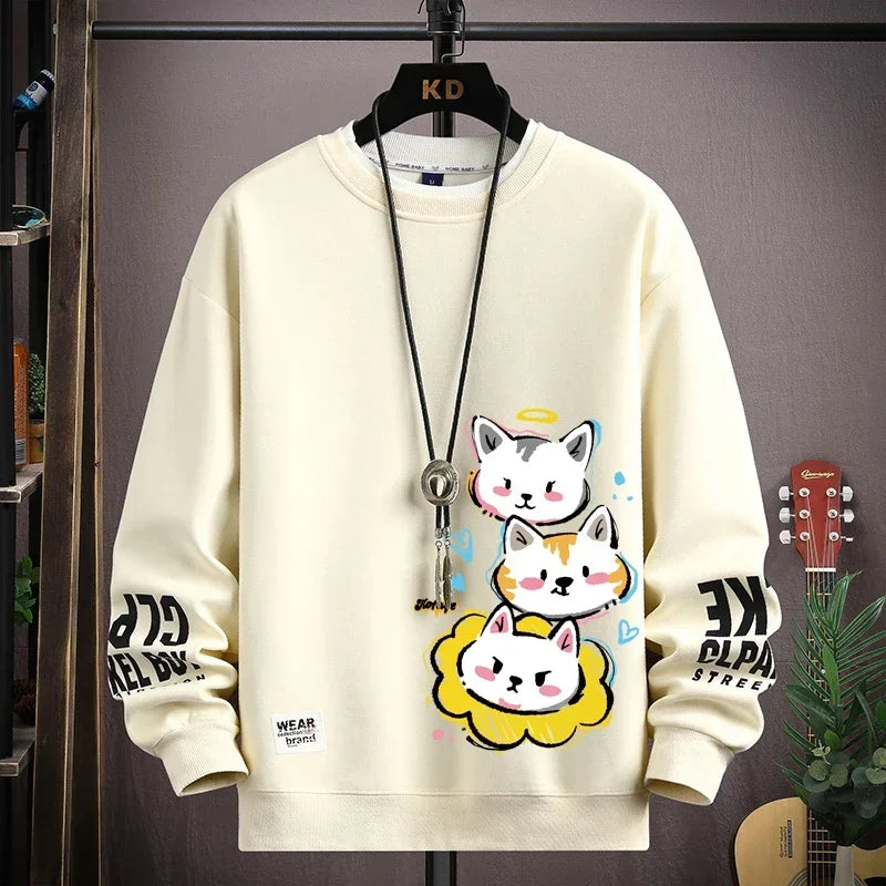 Moletom Masculino Harajuku – Estampa Gato Cartoon, Gola Redonda e Manga Longa