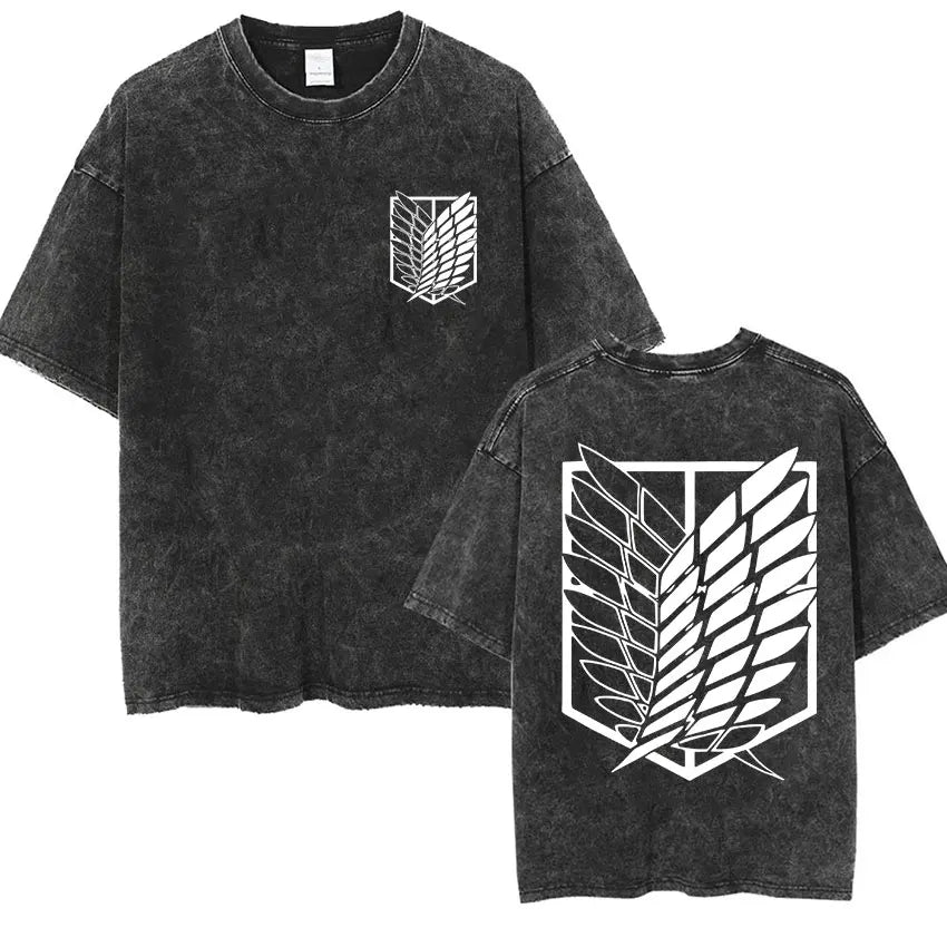 Camiseta Attack on Titan Vintage Washed – Mikasa, Eren & Wings of Freedom