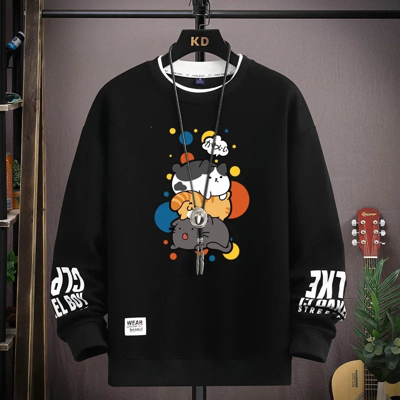 Camiseta Masculina Harajuku com Estampa de Gatos Japoneses | Camisa Manga Longa Casual Estilo Streetwear