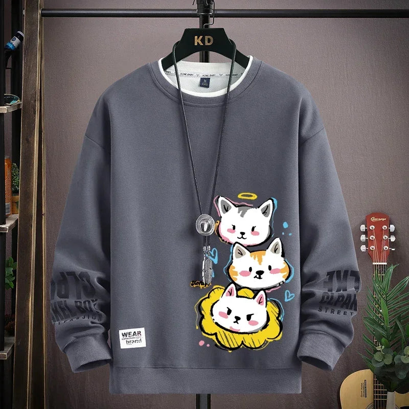 Moletom Masculino Harajuku – Estampa Gato Cartoon, Gola Redonda e Manga Longa