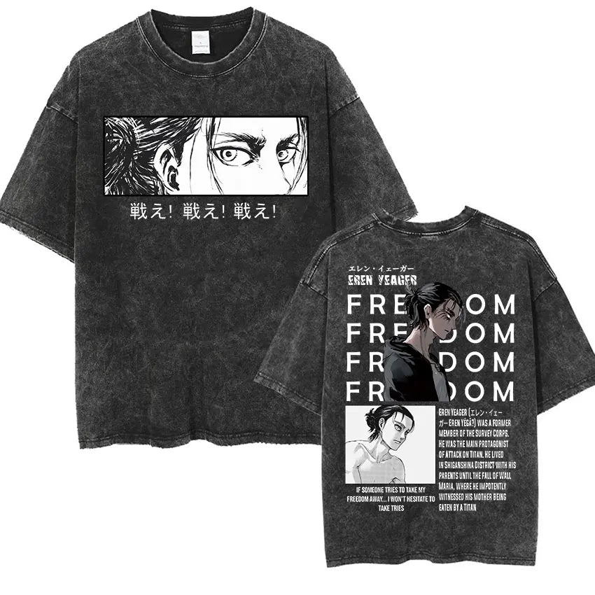 Camiseta Attack on Titan Vintage Washed – Mikasa, Eren & Wings of Freedom
