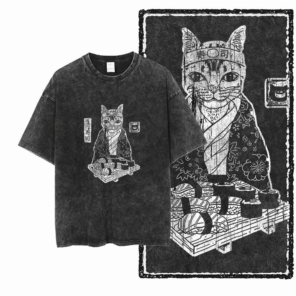 Camiseta Unissex Acid Washed – Estampa Gato, Streetwear Premium e Oversized