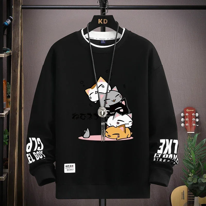 Camiseta Masculina Harajuku com Estampa de Gatos Japoneses | Camisa Manga Longa Casual Estilo Streetwear