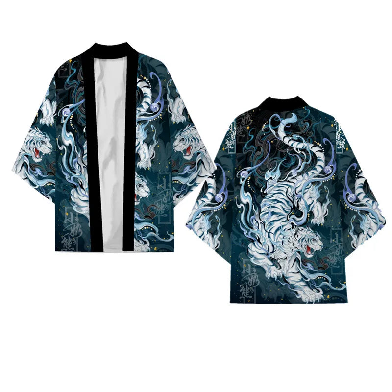 Kimono Japonês Masculino Oversized 3XG ao 5XG Haori Samurai com Estampa de Dragão Estilo Tradicional Cosplay