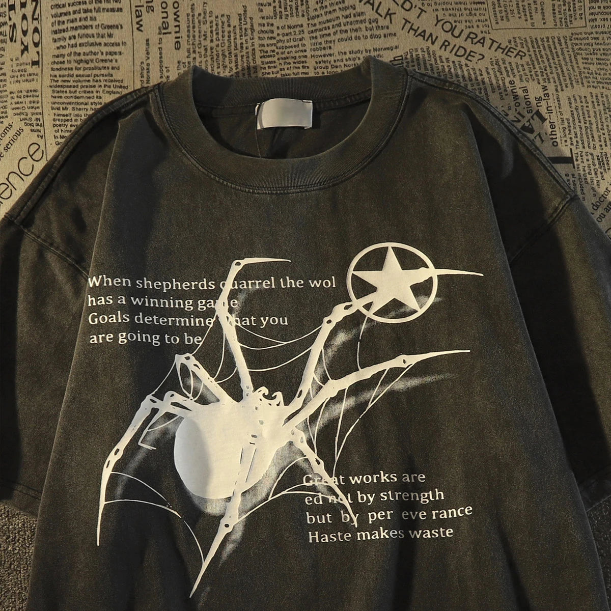 Camiseta Masculina Y2K Streetwear com Estampa de Aranha | Camisa Oversized Estilo Grunge Harajuku Casual