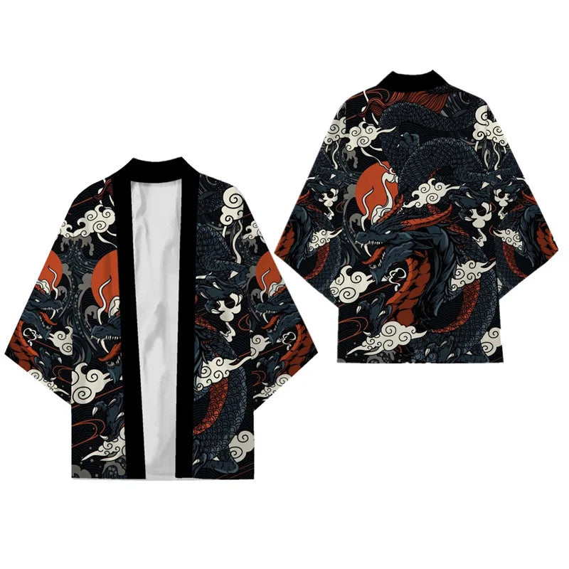 Kimono Japonês Masculino Oversized 3XG ao 5XG Haori Samurai com Estampa de Dragão Estilo Tradicional Cosplay