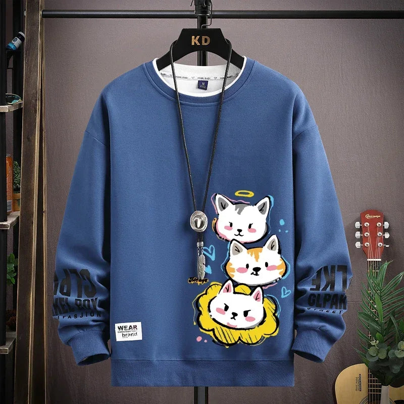 Moletom Masculino Harajuku – Estampa Gato Cartoon, Gola Redonda e Manga Longa