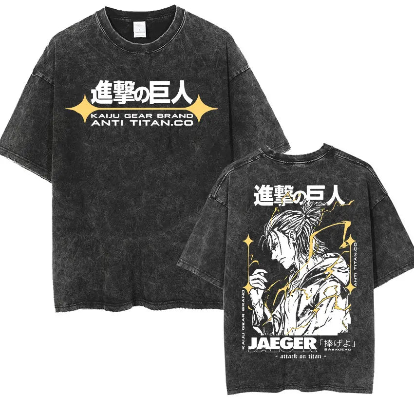 Camiseta Attack on Titan Vintage Washed – Mikasa, Eren & Wings of Freedom