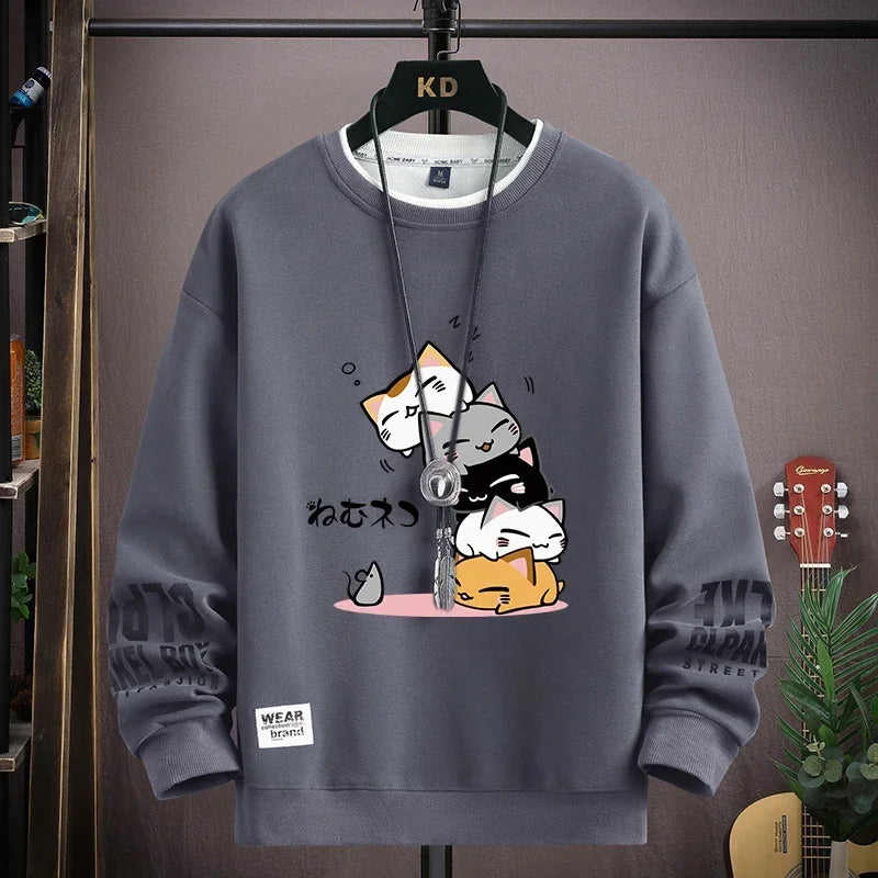 Camiseta Masculina Harajuku com Estampa de Gatos Japoneses | Camisa Manga Longa Casual Estilo Streetwear