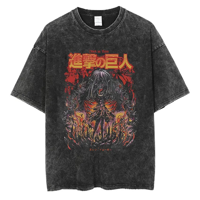 Camiseta Attack on Titan Vintage Washed – Mikasa, Eren & Wings of Freedom