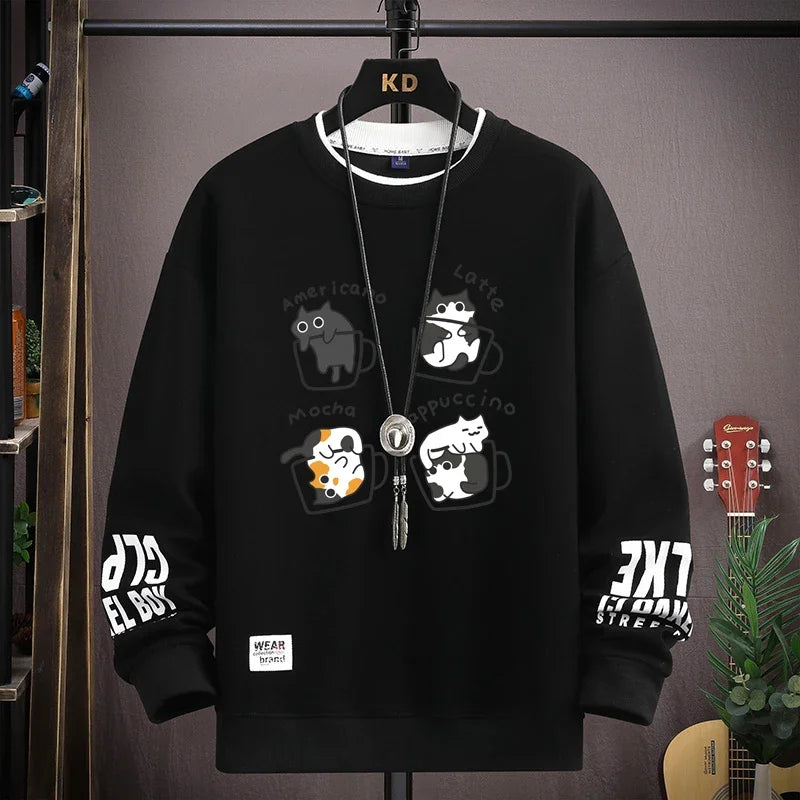 Camiseta Masculina Harajuku com Estampa de Gatos Japoneses | Camisa Manga Longa Casual Estilo Streetwear