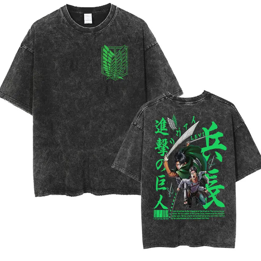 Camiseta Attack on Titan Vintage Washed – Mikasa, Eren & Wings of Freedom