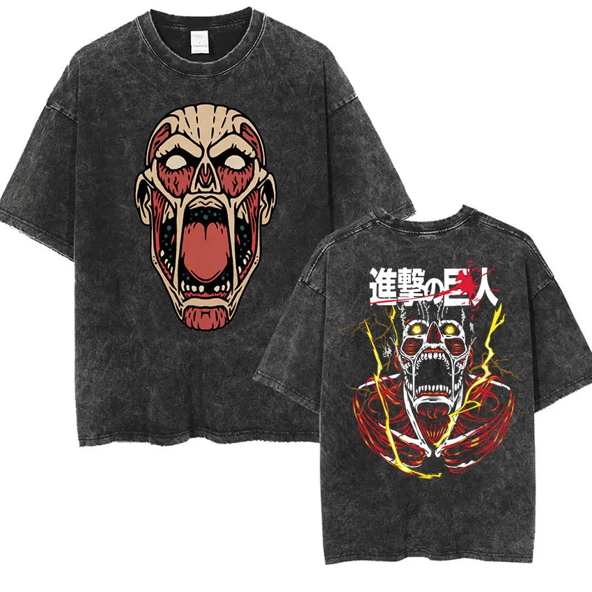 Camiseta Attack on Titan Vintage Washed – Mikasa, Eren & Wings of Freedom