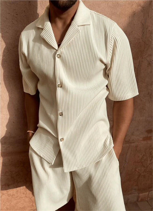 Conjunto Masculino Casual de Veludo Cotelê | Camisa Manga Curta e Shorts Estilo Praia Verão