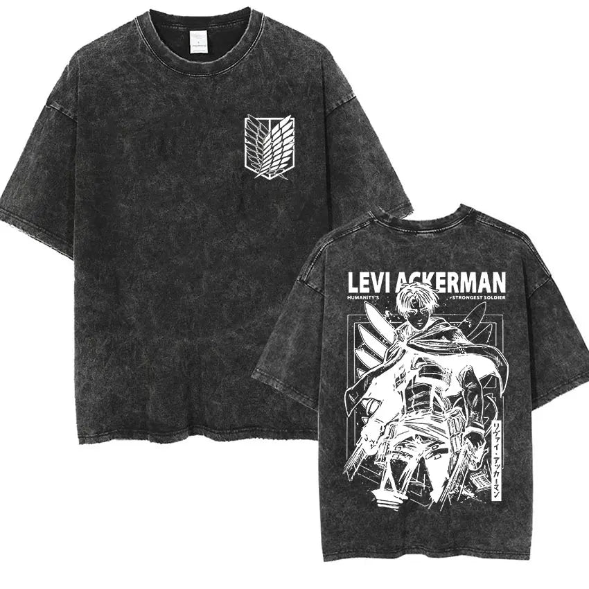 Camiseta Attack on Titan Vintage Washed – Mikasa, Eren & Wings of Freedom
