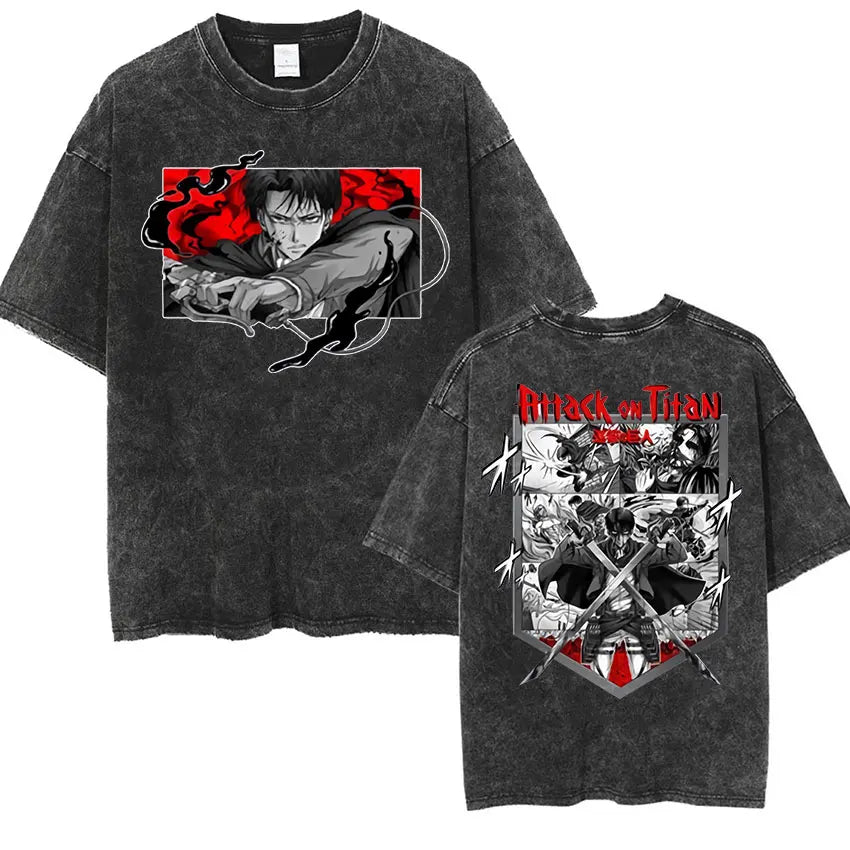 Camiseta Attack on Titan Vintage Washed – Mikasa, Eren & Wings of Freedom