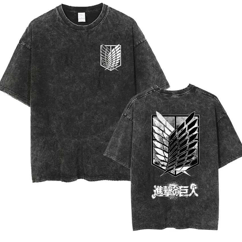 Camiseta Attack on Titan Vintage Washed – Mikasa, Eren & Wings of Freedom