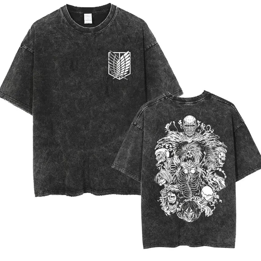 Camiseta Attack on Titan Vintage Washed – Mikasa, Eren & Wings of Freedom