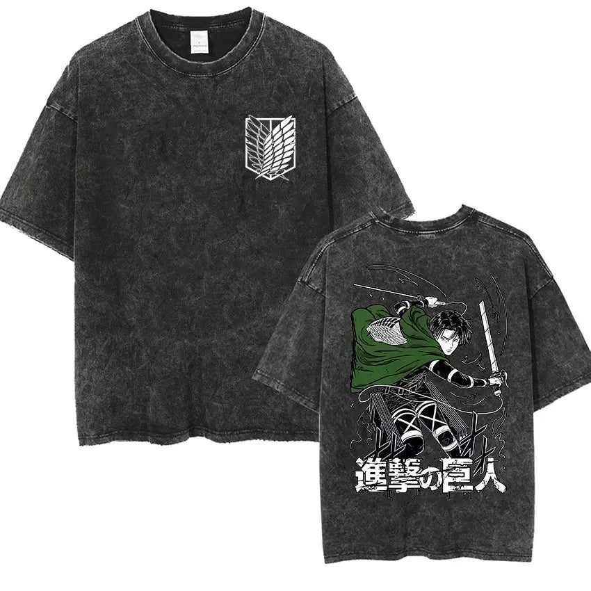 Camiseta Attack on Titan Vintage Washed – Mikasa, Eren & Wings of Freedom