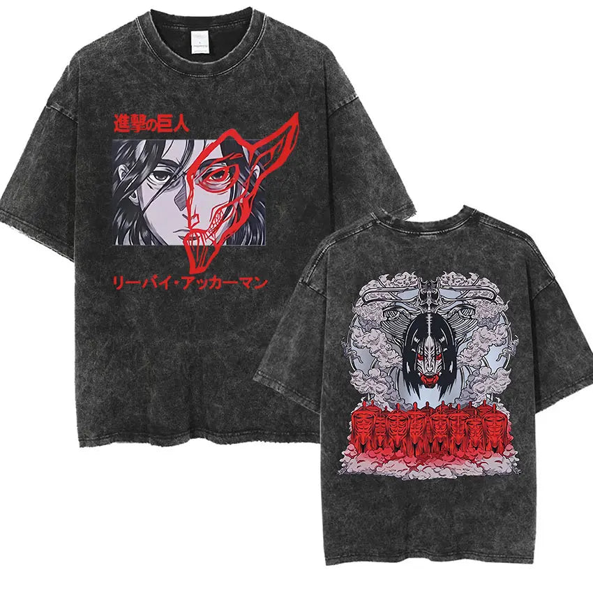Camiseta Attack on Titan Vintage Washed – Mikasa, Eren & Wings of Freedom