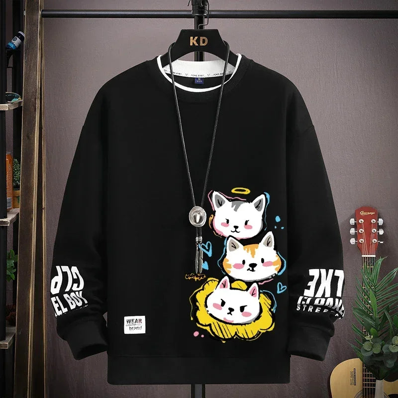 Moletom Masculino Harajuku – Estampa Gato Cartoon, Gola Redonda e Manga Longa