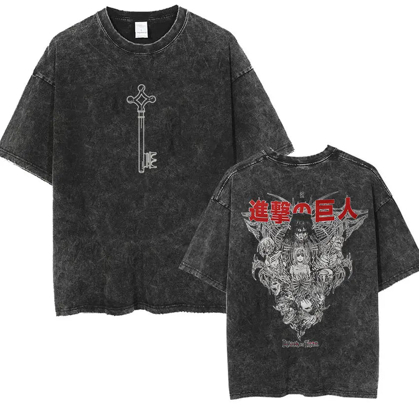 Camiseta Attack on Titan Vintage Washed – Mikasa, Eren & Wings of Freedom