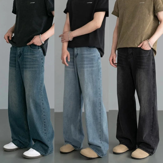 Calça Jeans Masculina Wide Leg Lavagem Vintage – Denim Casual Azul Estonado com Design Bicolor
