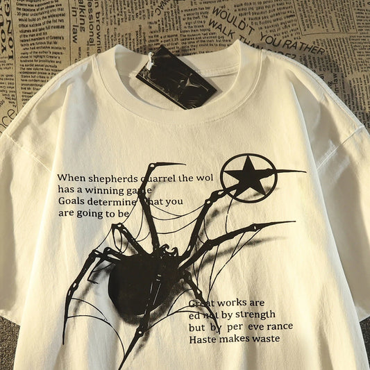 Camiseta Masculina Y2K Streetwear com Estampa de Aranha | Camisa Oversized Estilo Grunge Harajuku Casual