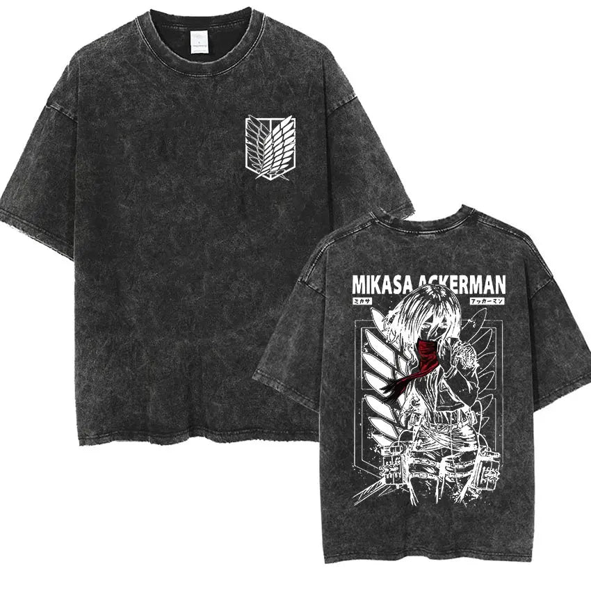 Camiseta Attack on Titan Vintage Washed – Mikasa, Eren & Wings of Freedom