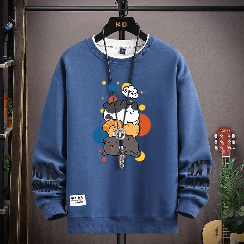 Camiseta Masculina Harajuku com Estampa de Gatos Japoneses | Camisa Manga Longa Casual Estilo Streetwear
