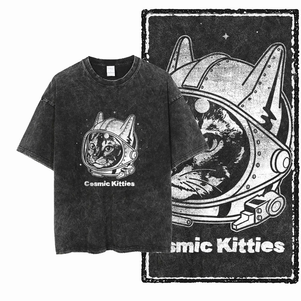 Camiseta Unissex Acid Washed – Estampa Gato, Streetwear Premium e Oversized