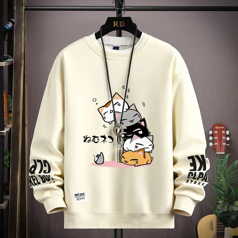 Camiseta Masculina Harajuku com Estampa de Gatos Japoneses | Camisa Manga Longa Casual Estilo Streetwear