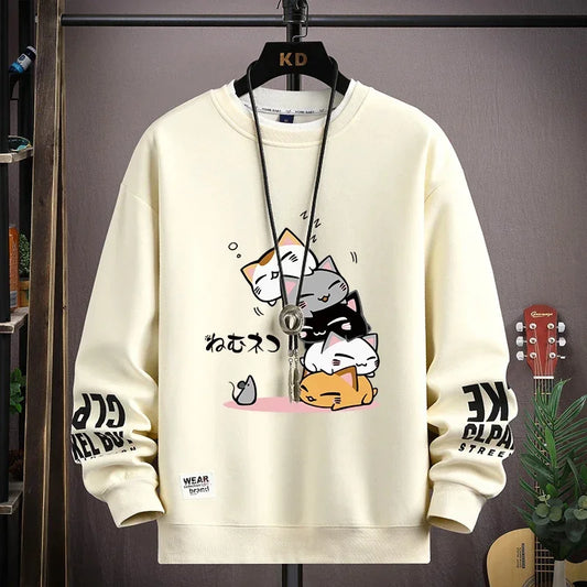 Camiseta Masculina Harajuku com Estampa de Gatos Japoneses | Camisa Manga Longa Casual Estilo Streetwear