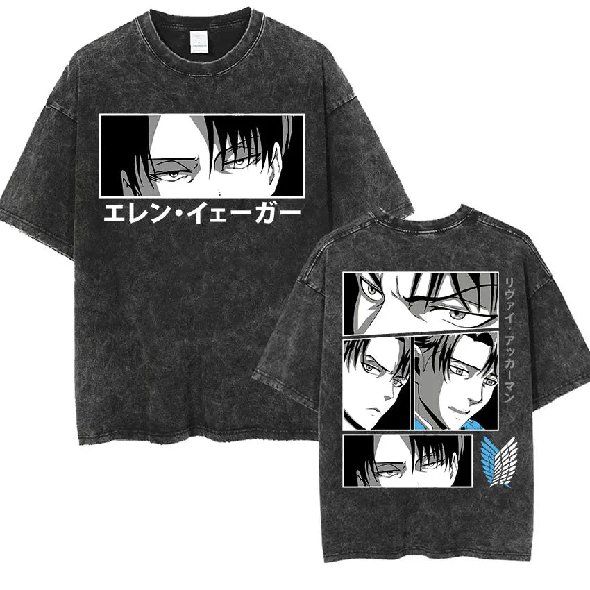Camiseta Attack on Titan Vintage Washed – Mikasa, Eren & Wings of Freedom