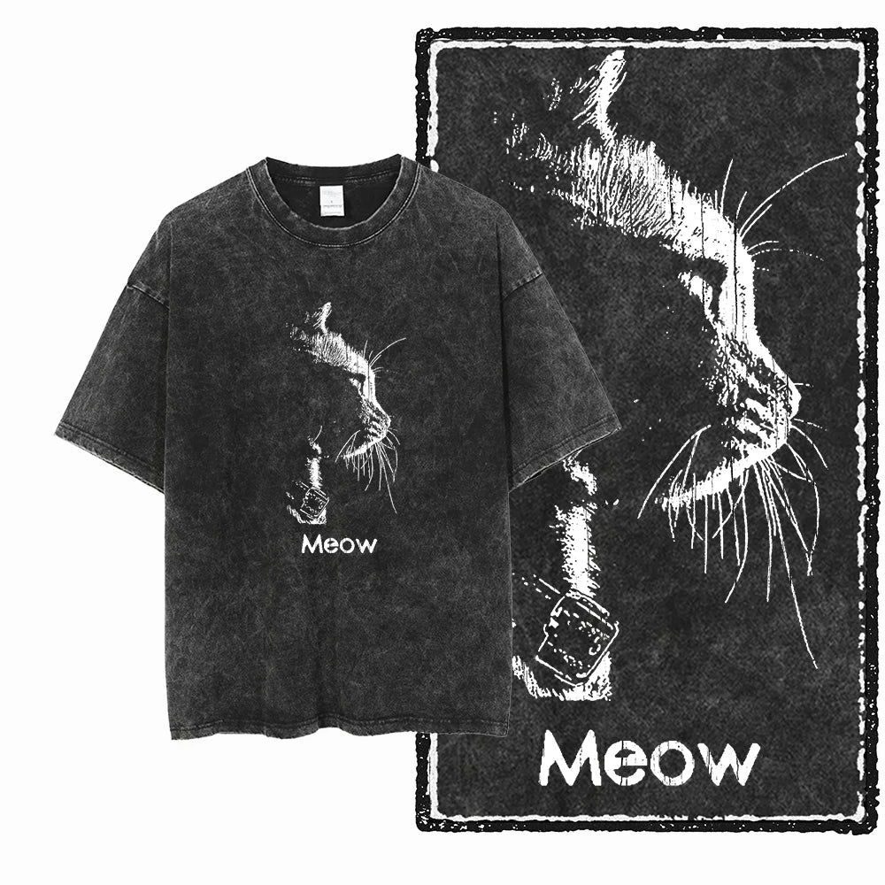 Camiseta Unissex Acid Washed – Estampa Gato, Streetwear Premium e Oversized