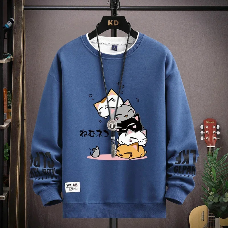 Camiseta Masculina Harajuku com Estampa de Gatos Japoneses | Camisa Manga Longa Casual Estilo Streetwear
