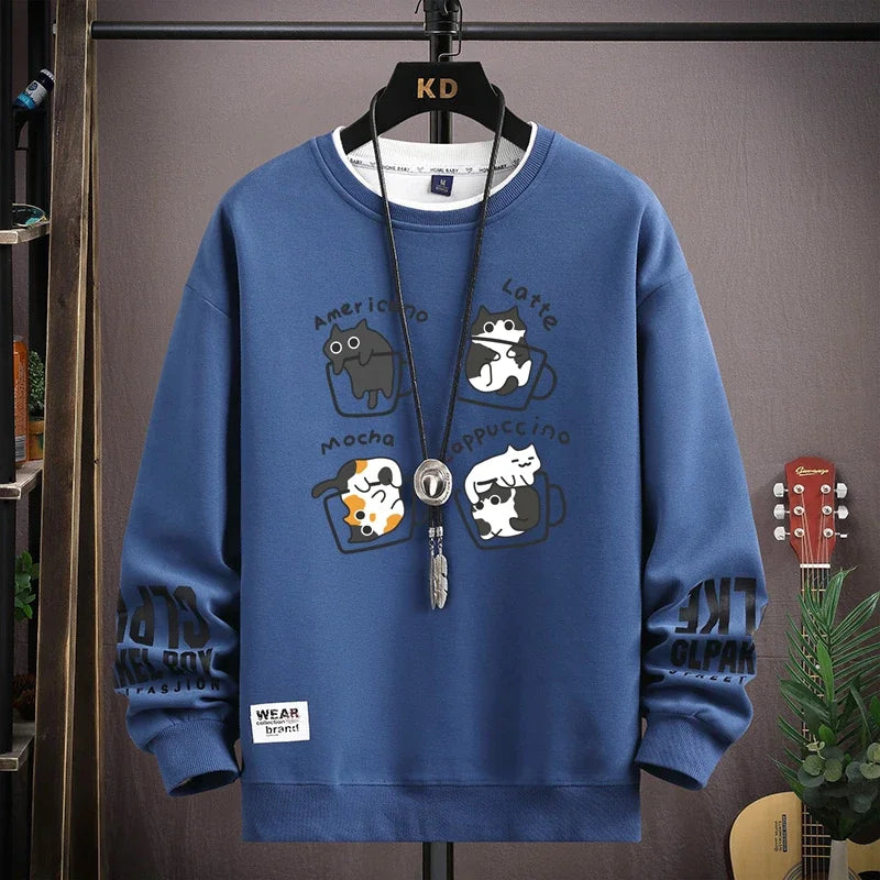 Camiseta Masculina Harajuku com Estampa de Gatos Japoneses | Camisa Manga Longa Casual Estilo Streetwear