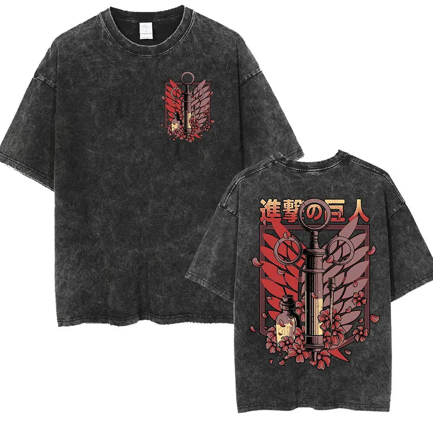 Camiseta Attack on Titan Vintage Washed – Mikasa, Eren & Wings of Freedom