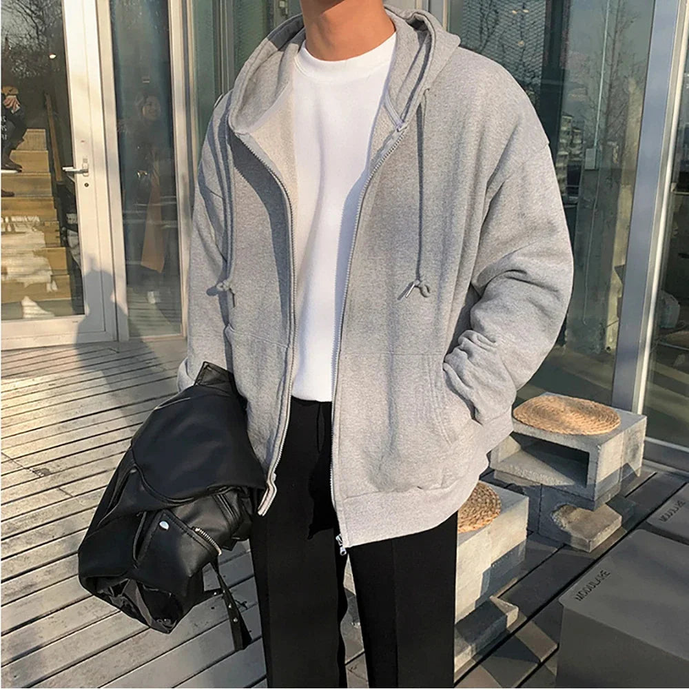 Moletom Masculino Y2K com Zíper – Capuz, Cor Sólida, Oversized e Casual
