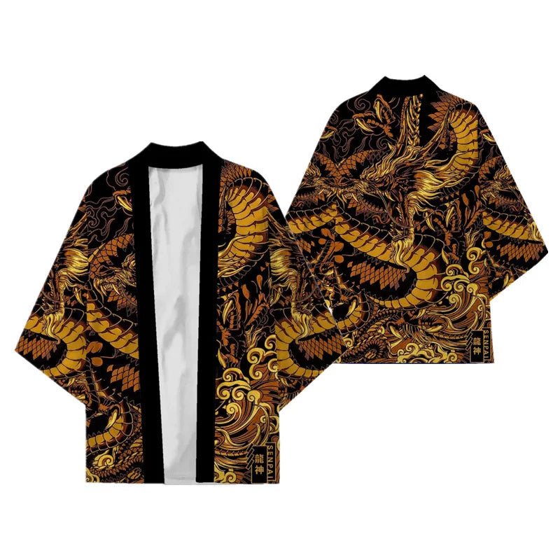 Kimono Japonês Masculino Oversized 3XG ao 5XG Haori Samurai com Estampa de Dragão Estilo Tradicional Cosplay