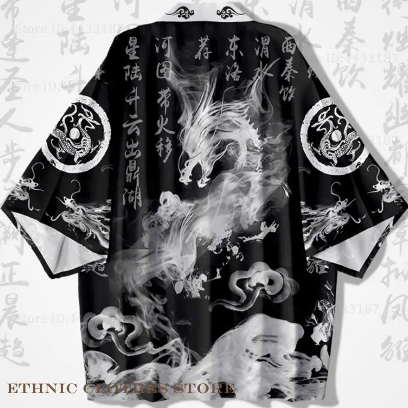 Kimono Japonês Masculino Oversized 3XG ao 5XG Haori Samurai com Estampa de Dragão Estilo Tradicional Cosplay