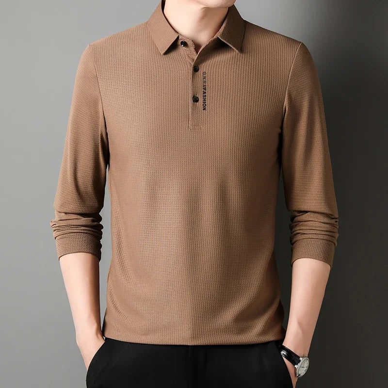 Polo Waffle Masculina Manga Longa – Estilo Casual Premium com Estampa Letter