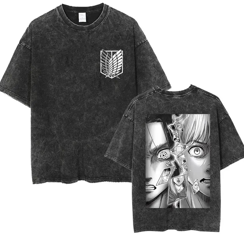 Camiseta Attack on Titan Vintage Washed – Mikasa, Eren & Wings of Freedom