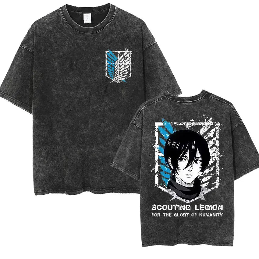 Camiseta Attack on Titan Vintage Washed – Mikasa, Eren & Wings of Freedom