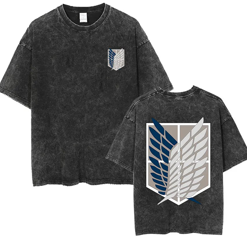 Camiseta Attack on Titan Vintage Washed – Mikasa, Eren & Wings of Freedom