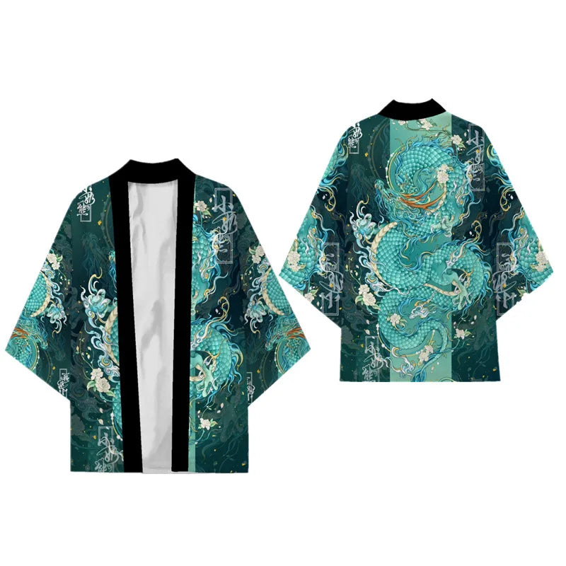 Kimono Japonês Masculino Oversized 3XG ao 5XG Haori Samurai com Estampa de Dragão Estilo Tradicional Cosplay