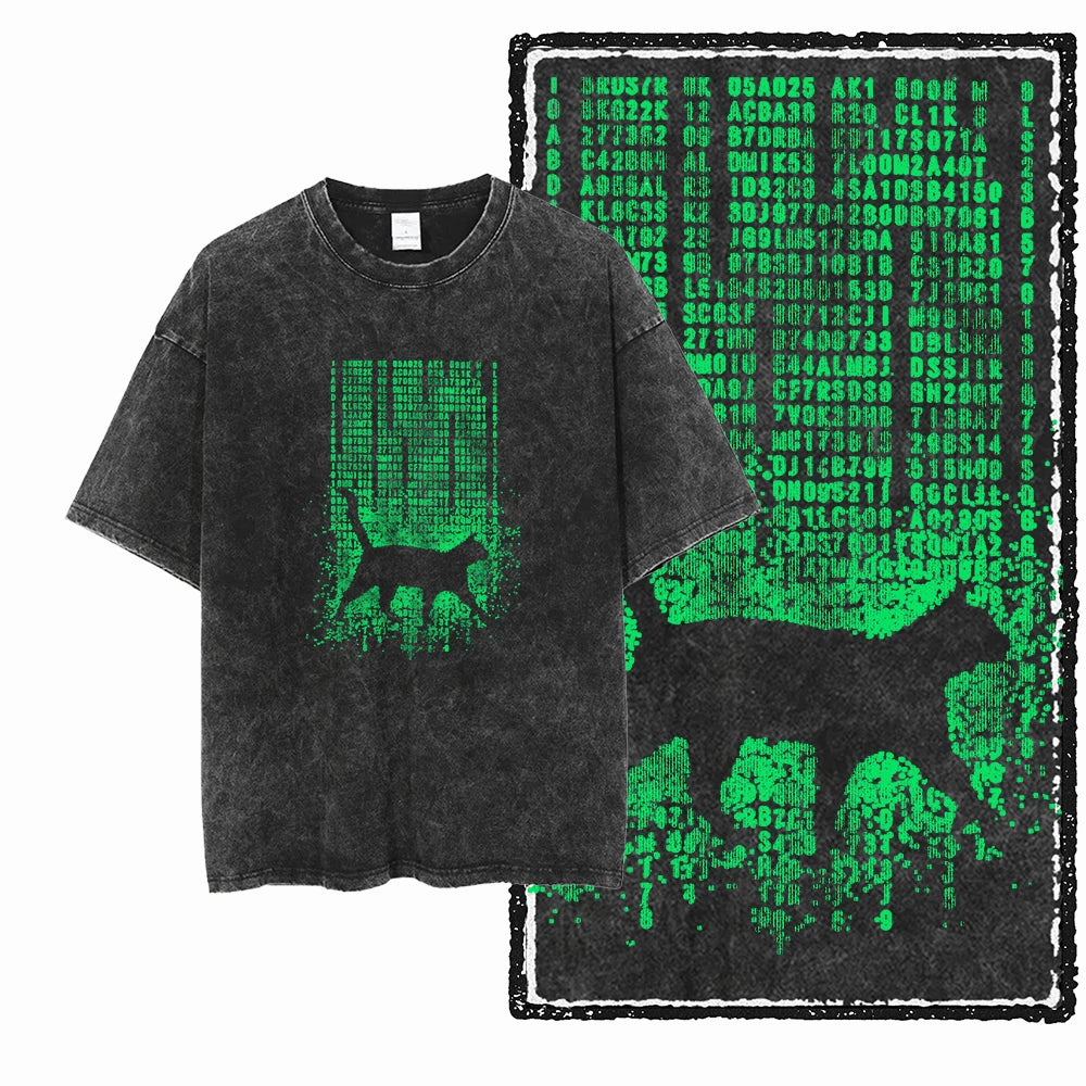 Camiseta Unissex Acid Washed – Estampa Gato, Streetwear Premium e Oversized