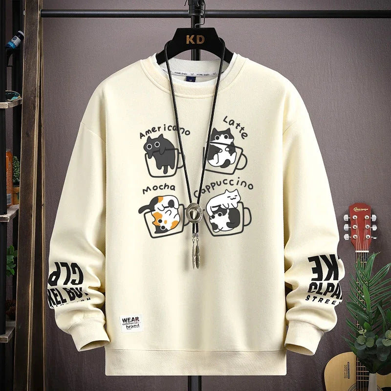 Camiseta Masculina Harajuku com Estampa de Gatos Japoneses | Camisa Manga Longa Casual Estilo Streetwear